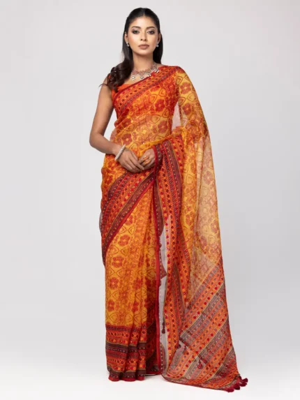 Orange  Printed Cotton Saree
